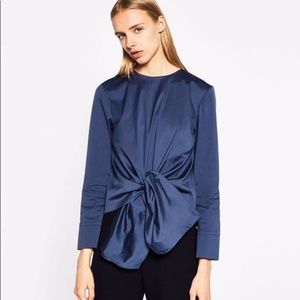 New Zara Woman Poplin Top with Knot in Blue